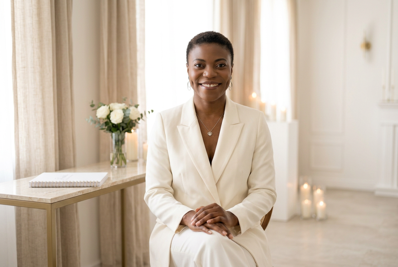 Faith seated in an ivory suit in an elegant event planning studio